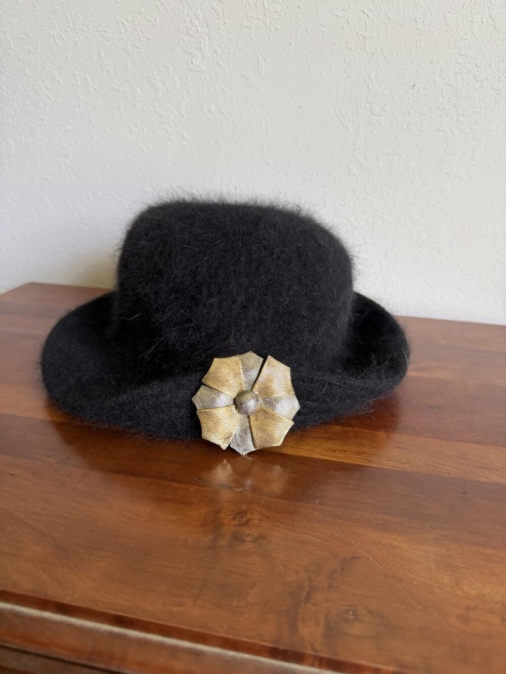 Vintage Black Angora Wool Blend Fedora Hat Silver Gold Tone Metal Floral Decor